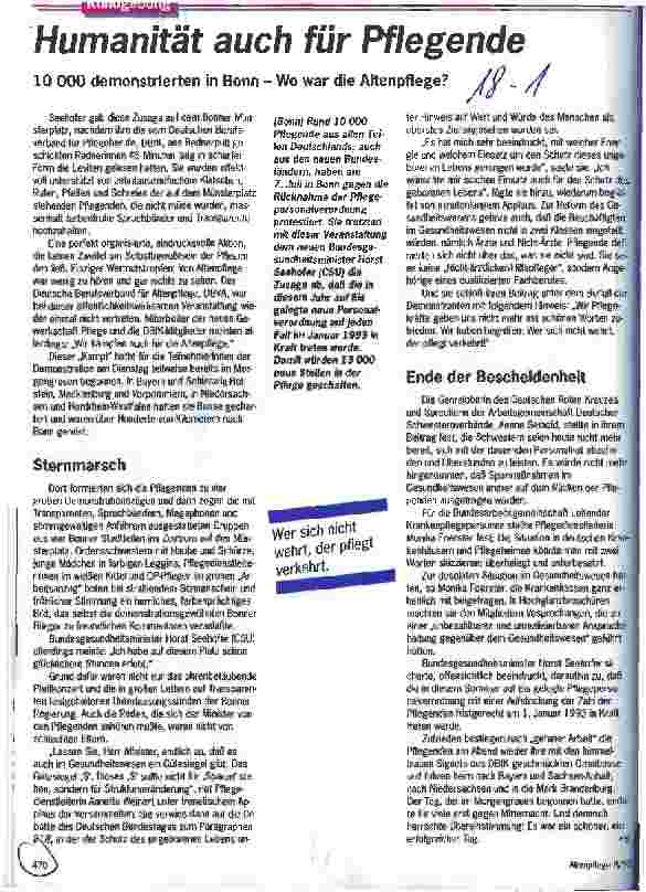 Vorschauseite 1: Humanität auch für Pflegende 10 000 demonstrierten in Bonn - Wo war die Altenpflege?