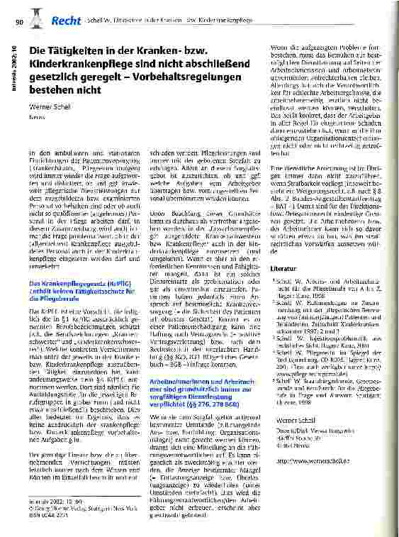 Vorschauseite 1: Die Tätigkeiten in der Krankenbzw. Kinderkrankenpflege sind nicht abschließend gesetzlich geregelt - Vorbehaltsregelungen bestehen nicht