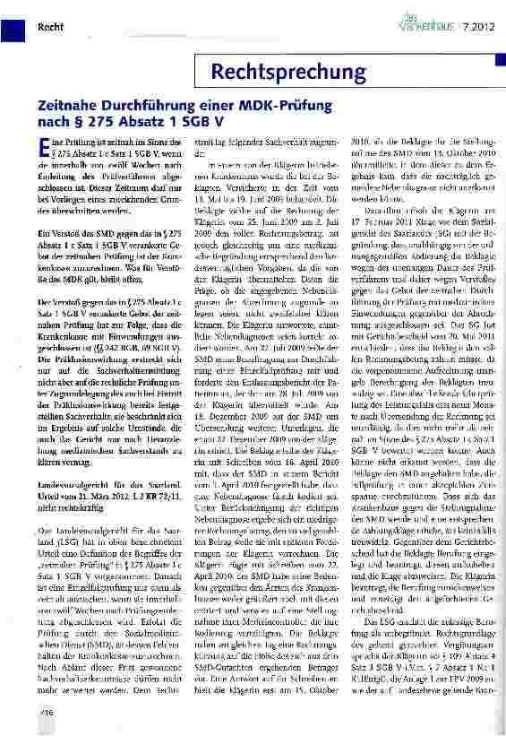 Vorschauseite 1: Zeitnahe Durchführung einer MDK-Prüfung nach § 275 Absatz 1 SGB V