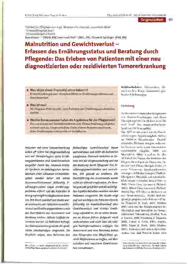 Vorschauseite 1: Malnutrition und Gewichtsverlust -Erfassen des Ernährungsstatus und Beratung durch Pflegende: Das Erleben von Patienten mit einer neu diagnostizierten oder rezidivierten Tumorerkr…