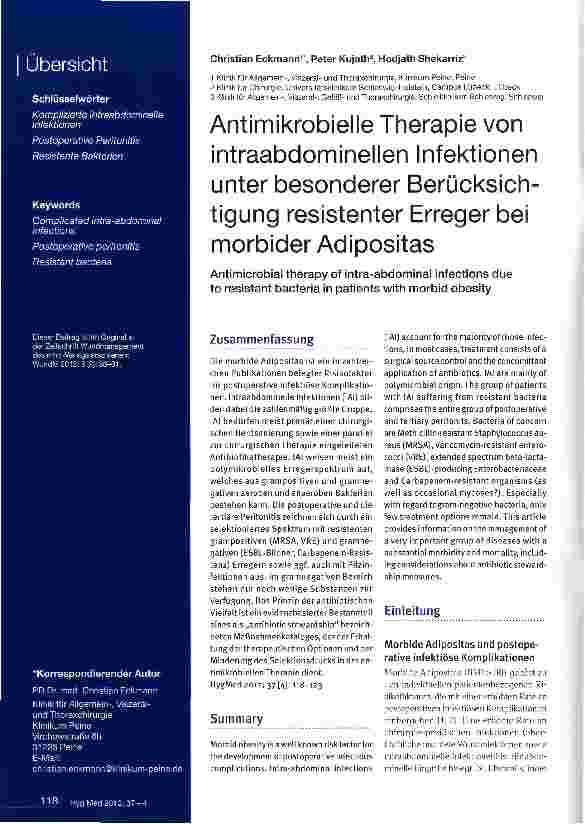 Vorschauseite 1: Antimikrobielle Therapie von intraabdominellen Infektionen unter besonderer Berücksichtigung resistenter Erreger bei morbider Adipositas