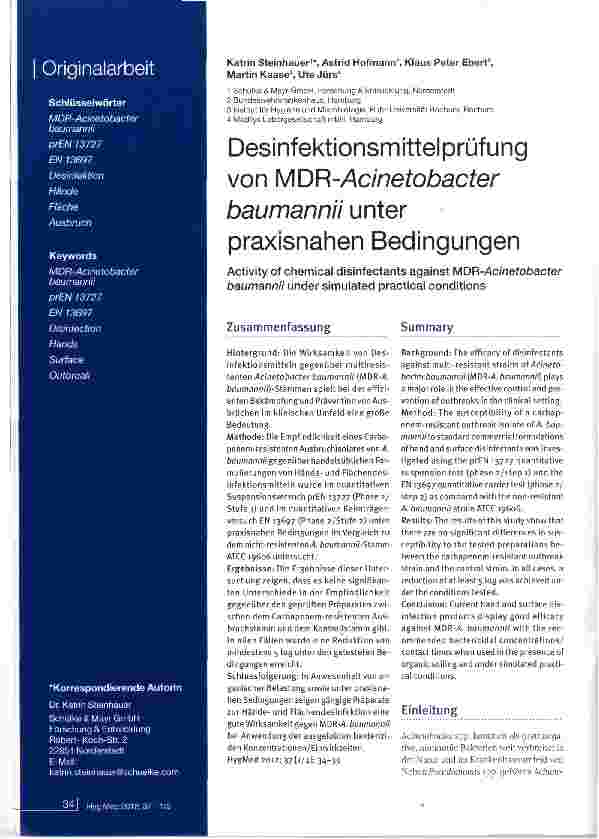 Vorschauseite 1: Desinfektionsmittelprüfung von MDR-Acinetobacter baumannii unter praxisnahen Bedingungen