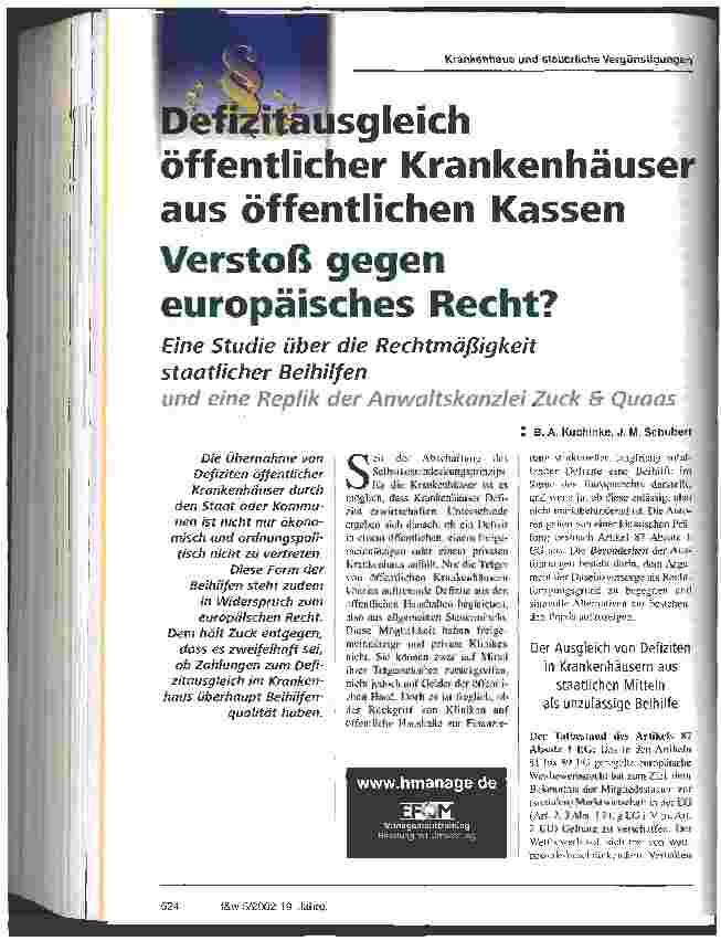 Vorschauseite 1: Defizitausgleich öffentlicher Krankenhäuser aus öffentlichen Kassen Verstoß gegen europäisches Recht?