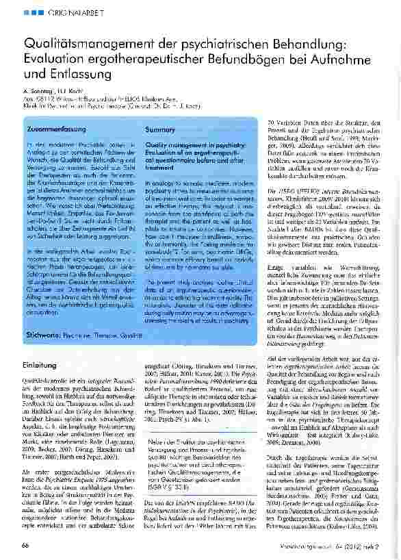 Vorschauseite 1: Qualitätsmanagement der psychiatrischen Behandlung: Evaluation ergotherapeutischer Befundbögen bei Aufnahme und Entlassung