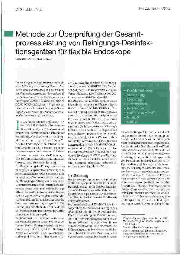 Vorschauseite 1: Methode zur Überprüfung der Gesamt-prozessleistung von Reinigungs-Desinfek-tionsgeräten für flexible Endoskope