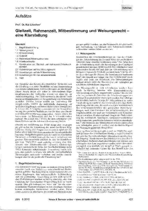 Vorschauseite 1: Gleitzeit, Rahmenzeit, Mitbestimmung und Weisungsrecht eine Klarstellung