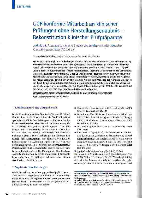 Vorschauseite 1: CCP-konforme Mitarbeit an klinischen Prüfungen ohne Herstellungserlaubnis -Rekonstitution klinischer Prüfpräparate