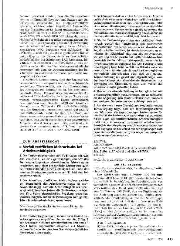Vorschauseite 1: Verfall tariflichen Mehrurlaubs bei Arbeitsunfähigkeit