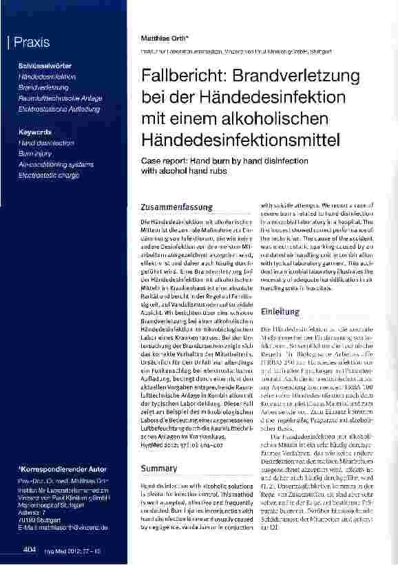 Vorschauseite 1: Fallbericht: Brandverletzung bei der Händedesinfektion mit einem alkoholischen Händedesinfektionsmittel