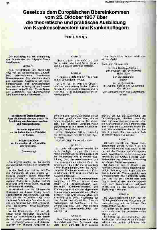 Vorschauseite 1: Gesetz zu dem Europäischen Übereinkommen vom 25. Oktober 1967 über die theoretische und praktische Ausbildung von Krankenschwestern