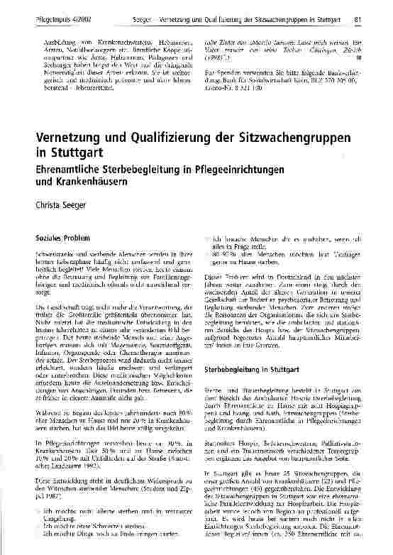 Vorschauseite 1: Vernetzung und Qualifizierung der Sitzwachengruppen in Stuttgart Ehrenamtliche Sterbebegleitung in Pflegeeinrichtungen und Krankenhäusern