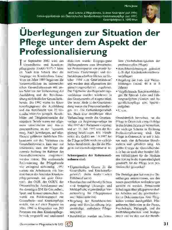 Vorschauseite 1: Überlegungen zur Situation der Pflege unter dem Aspekt der Professionalisierung