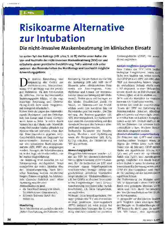Vorschauseite 1: Risikoarme Alternative zur Intubation Die nicht-invasive Maskenbeatmung im klinischen Einsatz