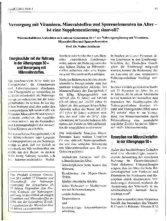 Vorschauseite 1: Versorgung mit Vitaminen, Mineralstoffen und Spurenelementen im Alter - ist eine Supplementierung sinnvoll?