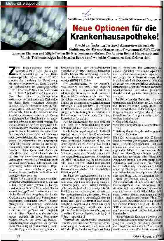 Vorschauseite 1: Neue Optionen für die Krankenhausapotheke! Novellierung des Apothekengesetzes und Disease Management Programme