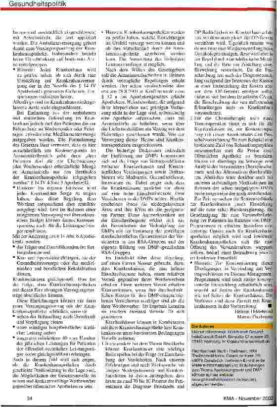 Vorschauseite 2: Neue Optionen für die Krankenhausapotheke! Novellierung des Apothekengesetzes und Disease Management Programme