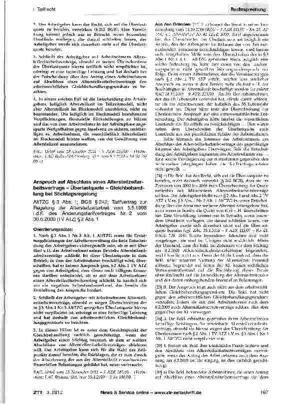Vorschauseite 1: Anspruch auf Abschluss eines Altersteilzeitarbeitsvertrags - Überlastquote - Gleichbehandlung bei Stichtagsregelung