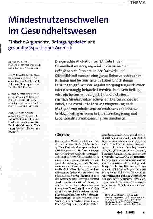 Vorschauseite 1: Mindestnutzenschwellen im Gesundheitswesen
