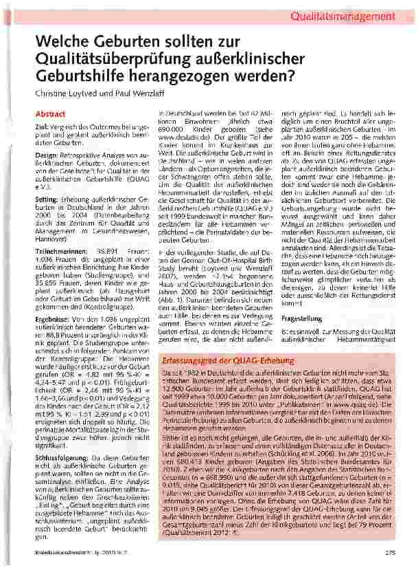 Vorschauseite 1: Welche Geburten sollten zur Qualitätsüberprüfung außerklinischer Geburtshilfe herangezogen werden?