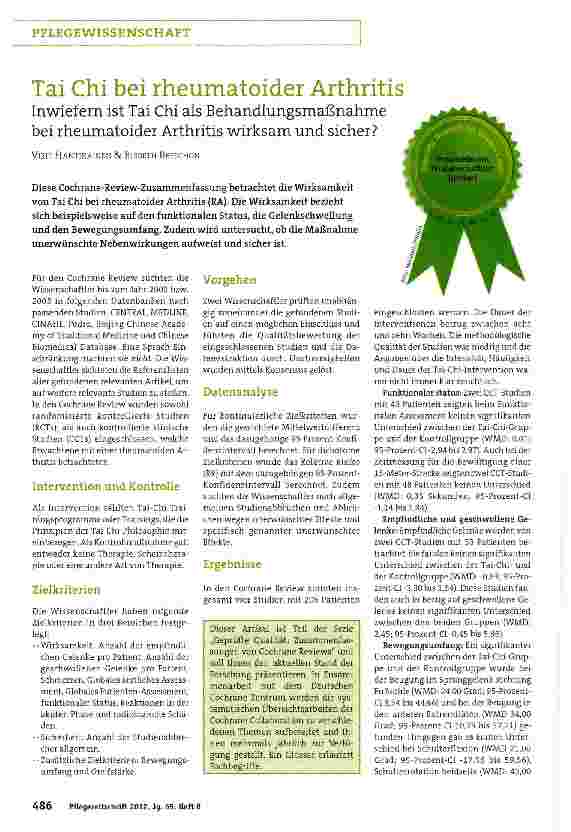 Vorschauseite 1: Inwiefern ist Tai Chi als Behandlungsmaßnahme bei rheumatoider Arthritis wirksam und sicher? Tai Chi bei rheumatoider Arthritis