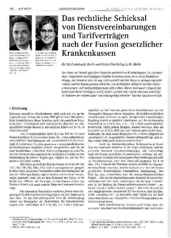 Vorschauseite 1: Das rechtliche Schicksal von Dienstvereinbarungen und Tarifverträgen nach der Fusion gesetzlicherKrankenkassen
