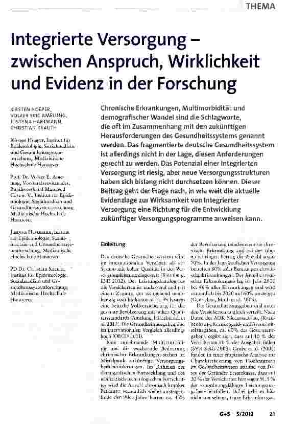 Vorschauseite 1: Integrierte Versorgung-zwischen Anspruch, Wirklichkeit und Evidenz in der Forschung