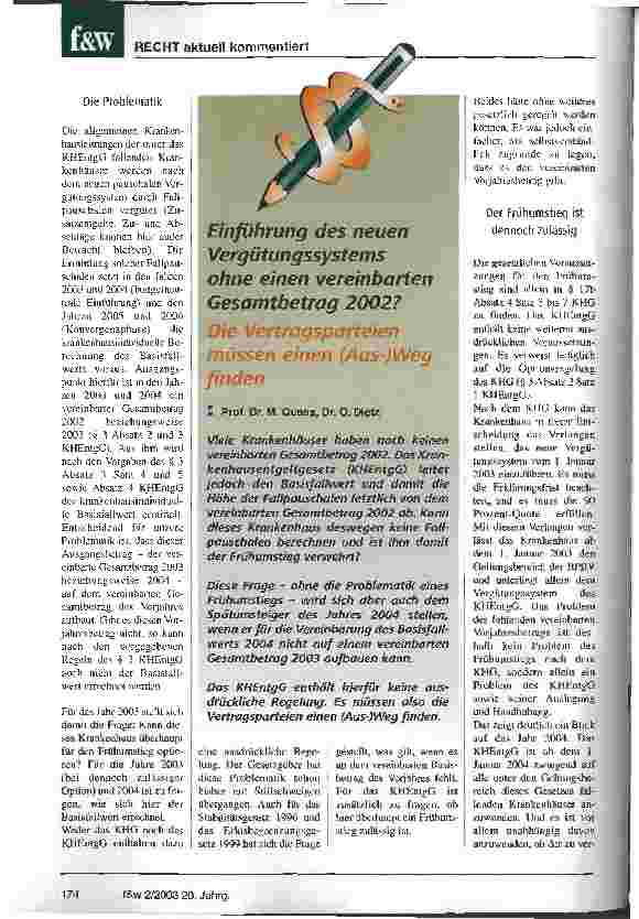 Vorschauseite 1: Einführung des neuen Vergütungssystems ohne einen vereinbarten Gesamtbetrag 2002? Die Vertragsparteien müssen einen (Aus-)Weg finden