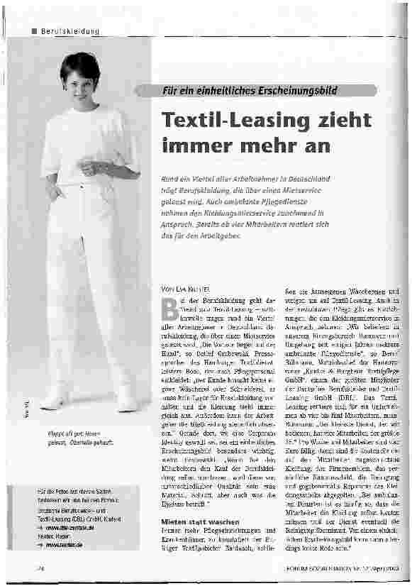 Vorschauseite 1: Textil-Leasing zieht immer mehr an Für ein einheitliches Erscheinungsbild