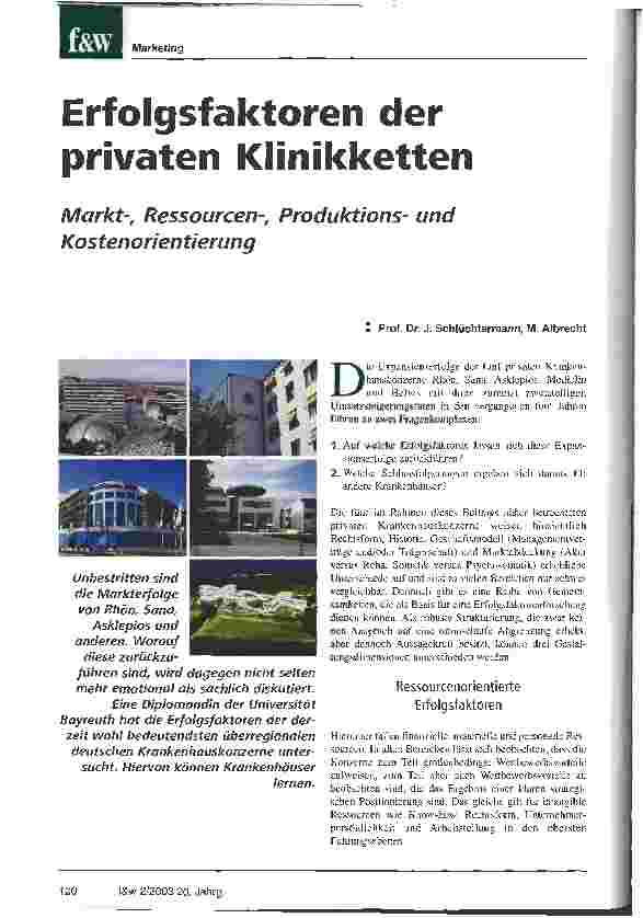 Vorschauseite 1: Erfolgsfaktoren der privaten Klinikketten Markt-, Ressourcen-, Produktionsund Kostenorientierung