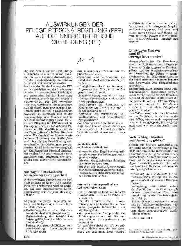 Vorschauseite 1: Auswirkungen der PflegePersonalRegelung (PPR) auf die InnerBetriebliche Fortbildung (IBF)