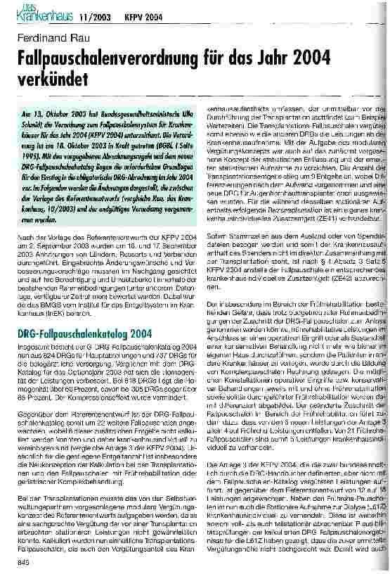 Vorschauseite 1: Fallpauschalenverordnung für das Jahr 2004 verkündet
