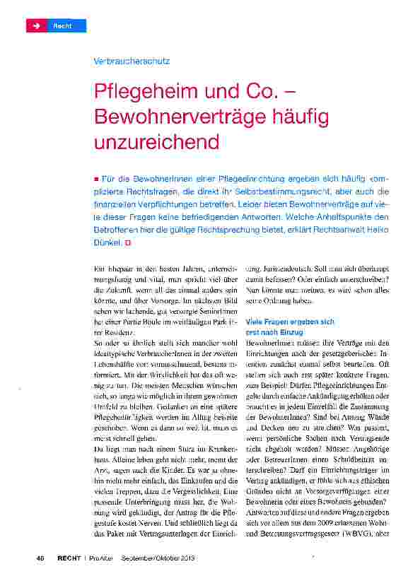Vorschauseite 1: Pflegeheim und Co. -Bewohnerverträge häufig unzureichend