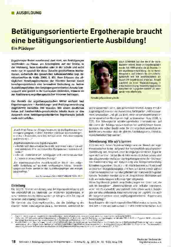 Vorschauseite 1: Betätigungsorientierte Ergotherapie braucht eine betätigungsorientierte Ausbildung!
