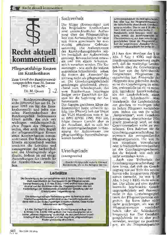 Vorschauseite 1: Pflegesatzfähige Kosten im Krankenhaus Zum Urteil des BuVerfGerichts v. 21.1.93 - 3 C 66.90 -