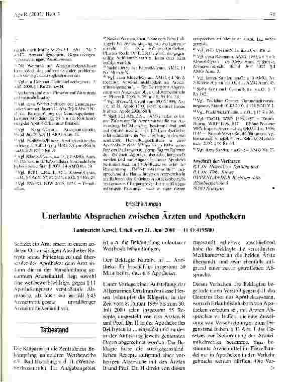Vorschauseite 1: Unerlaubte Absprachen zwischen Ärzten und Apothekern Landgericht Kassel, Urteil vom 21. Juni 2001