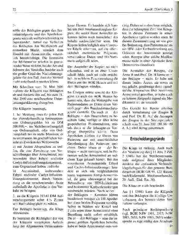 Vorschauseite 2: Unerlaubte Absprachen zwischen Ärzten und Apothekern Landgericht Kassel, Urteil vom 21. Juni 2001