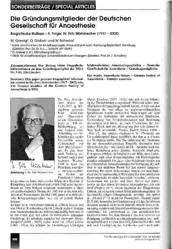 Vorschauseite 1: Die Gründungsmitglieder der Deutschen Gesellschaft für Anaesthesie Biografische Notizen - 5. Folge: Dr. Fritz Stürtzbecher (1917 - 2002)