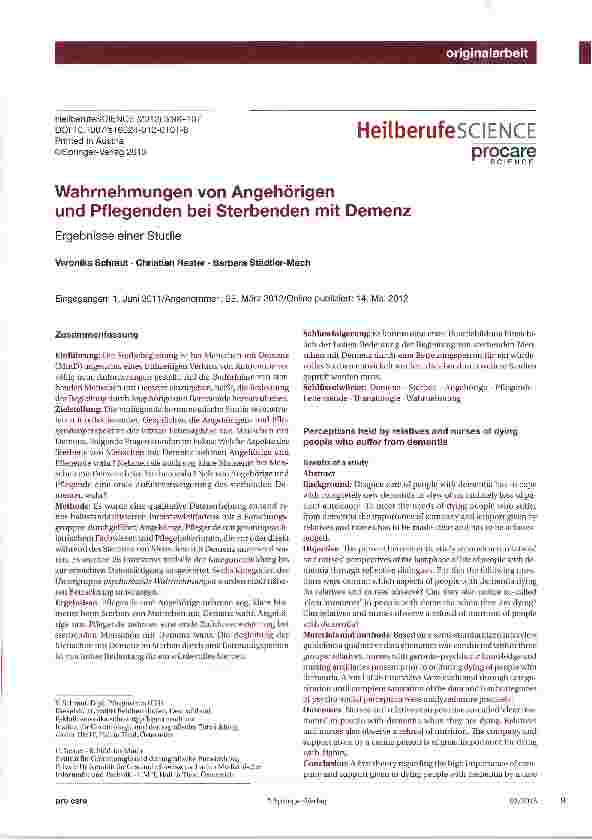 Vorschauseite 1: Wahrnehmungen von Angehörigen und Pflegenden bei Sterbenden mit Demenz