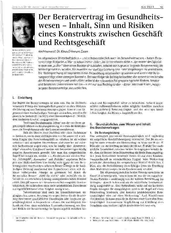 Vorschauseite 1: Der Beratervertrag im Gesundheitswesen - Inhalt, Sinn und Risiken eines Konstrukts zwischen Geschäft und Rechtsgeschäft