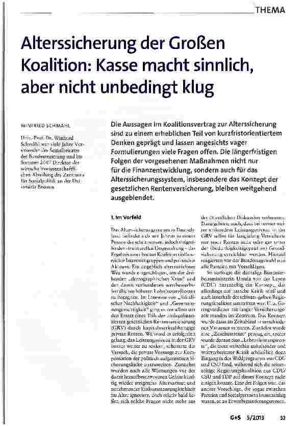 Vorschauseite 1: Alterssicherung der Großen Koalition: Kasse macht sinnlich, aber nicht unbedingt klug