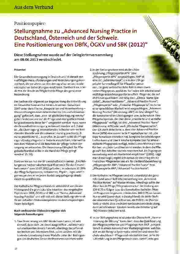 Vorschauseite 1: Stellungnahme zu „Advanced Nursing Practice in Deutschland, Österreich und der Schweiz.Eine Positionierung von DBfK, ÖGKV und SBK (2012)