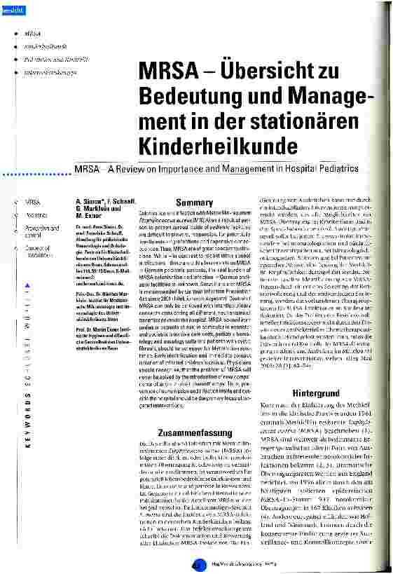 Vorschauseite 1: MRSA - Übersicht zu Bedeutung und Management in der stationären Kinderheilkunde