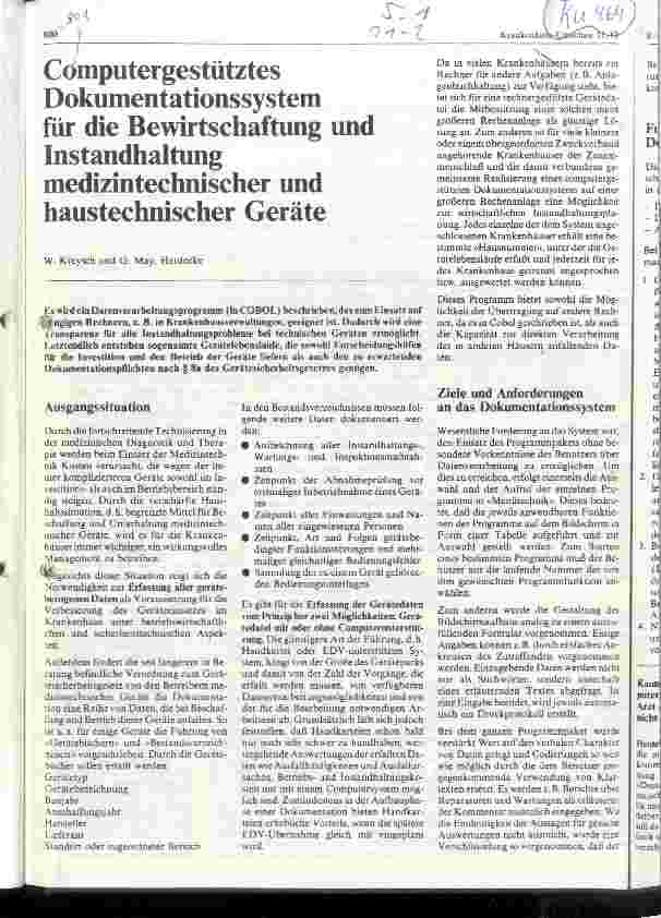 Vorschauseite 1: Computergestütztes Dokumentationssystem für die Bewirtschaftung und Instandhaltung medizintechnischer Geräte