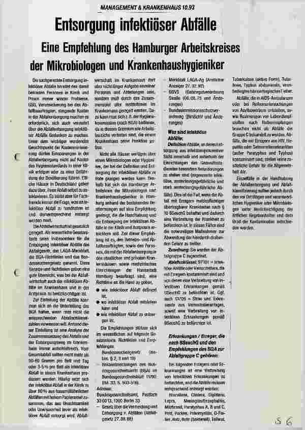 Vorschauseite 1: Entsorgung infektiöser Abfälle Eine Empfehlung des Hamburger Arbeitskreises der Mikrobiologen und Krankenhaushygieniker