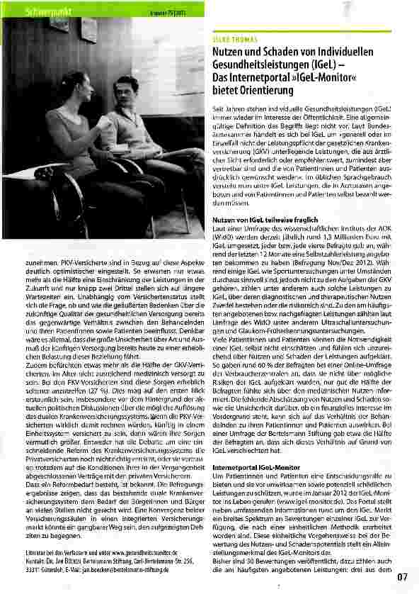 Vorschauseite 1: Nutzen und Schaden von Individuellen Gesundheitsleistungen (IGeL) -Das Internetportal »IGeL-Monitor« bietet Orientierung