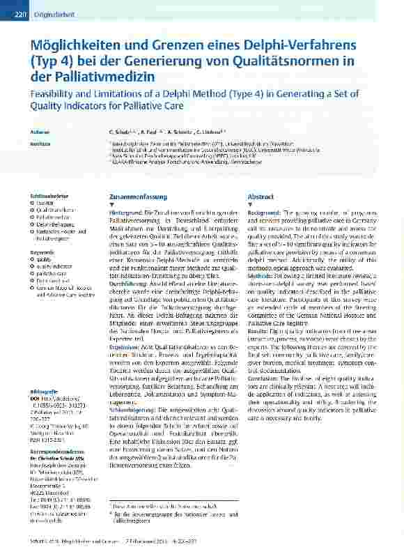 Vorschauseite 1: Möglichkeiten und Grenzen eines Delphi-Verfahrens (Typ 4) bei der Generierung von Qualitätsnormen in der Palliativmedizin