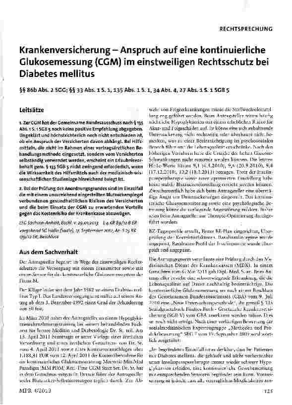 Vorschauseite 1: Krankenversicherung-Anspruch auf eine kontinuierliche Glukosemessung (CGM) im einstweiligen Rechtsschutz bei Diabetes mellitus