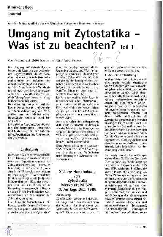 Vorschauseite 1: Umgang mit Zytostatika - was ist zu beachten? Teil 1 Aus der Zentralapotheke der med. Hochschule Hannover