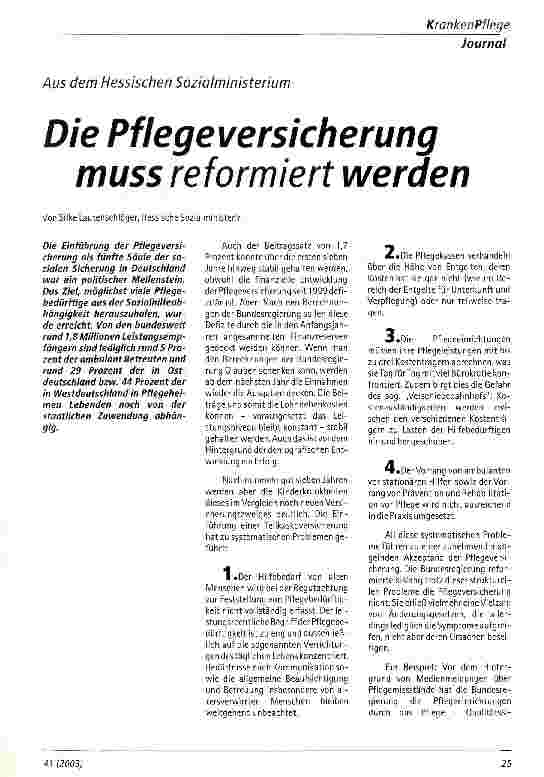 Vorschauseite 1: Die Pflegeversicherung muss reformiert werden Aus dem Hessischen Sozialministerium