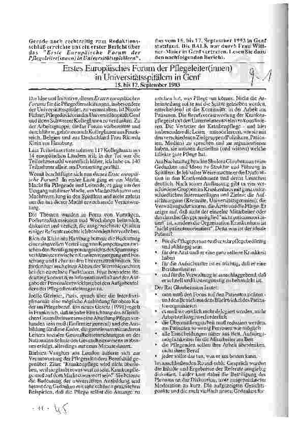 Vorschauseite 1: Erstes Europäisches Forum der Pflegeleiterinnen in Universitätsspitälern in Genf 15. -17. 9. 93